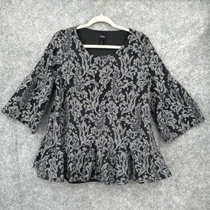 Rafaella Shirt Womens L Black Gray Floral Bell Sleeve 3/4 Sleeve Ruffle Pullover